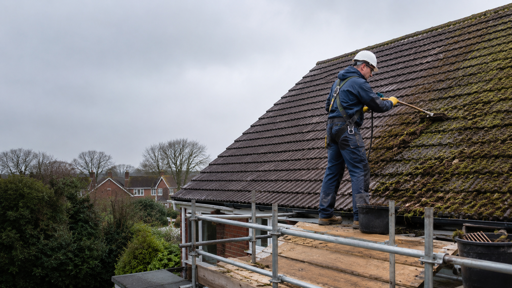 Careful roof cleaning and moss removal on a domestic property